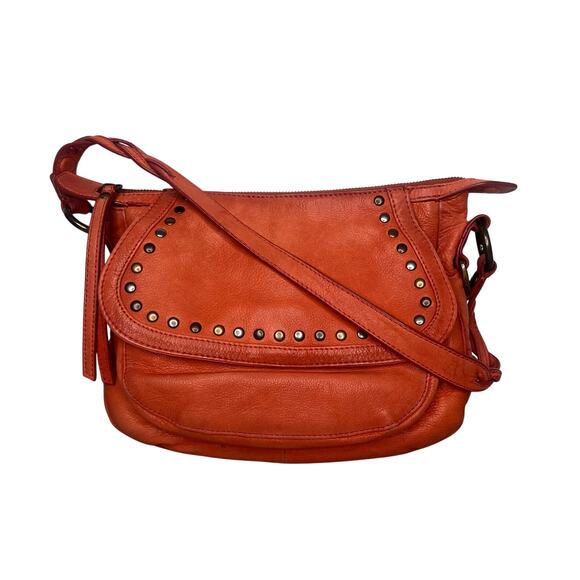 Frye Orange Leather Soraya Studded Flap Saddle Bag